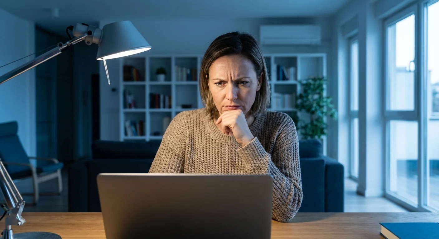 A person looking skeptically at a computer screen in a home office.