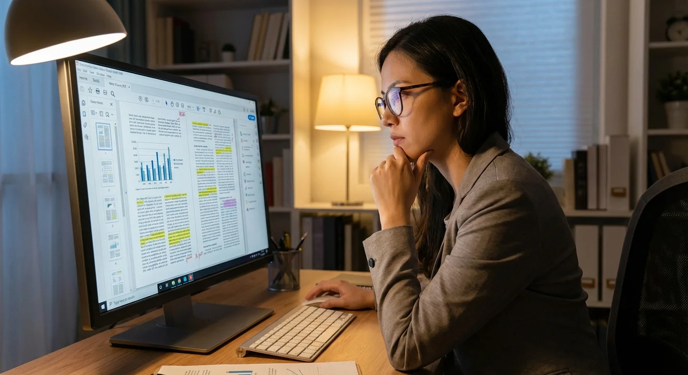 A person looking thoughtfully at a computer screen, representing careful attention.