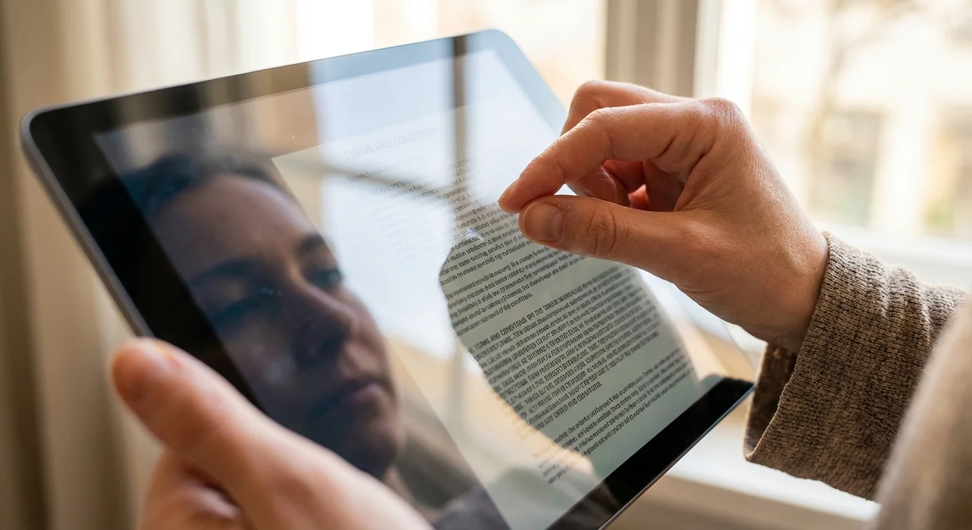 A person looking thoughtfully at a tablet in a bright room.