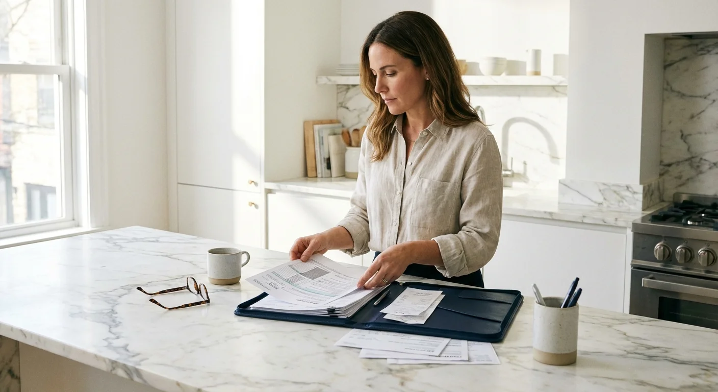 A person organizing documents into a blue folder in a bright, modern kitchen.