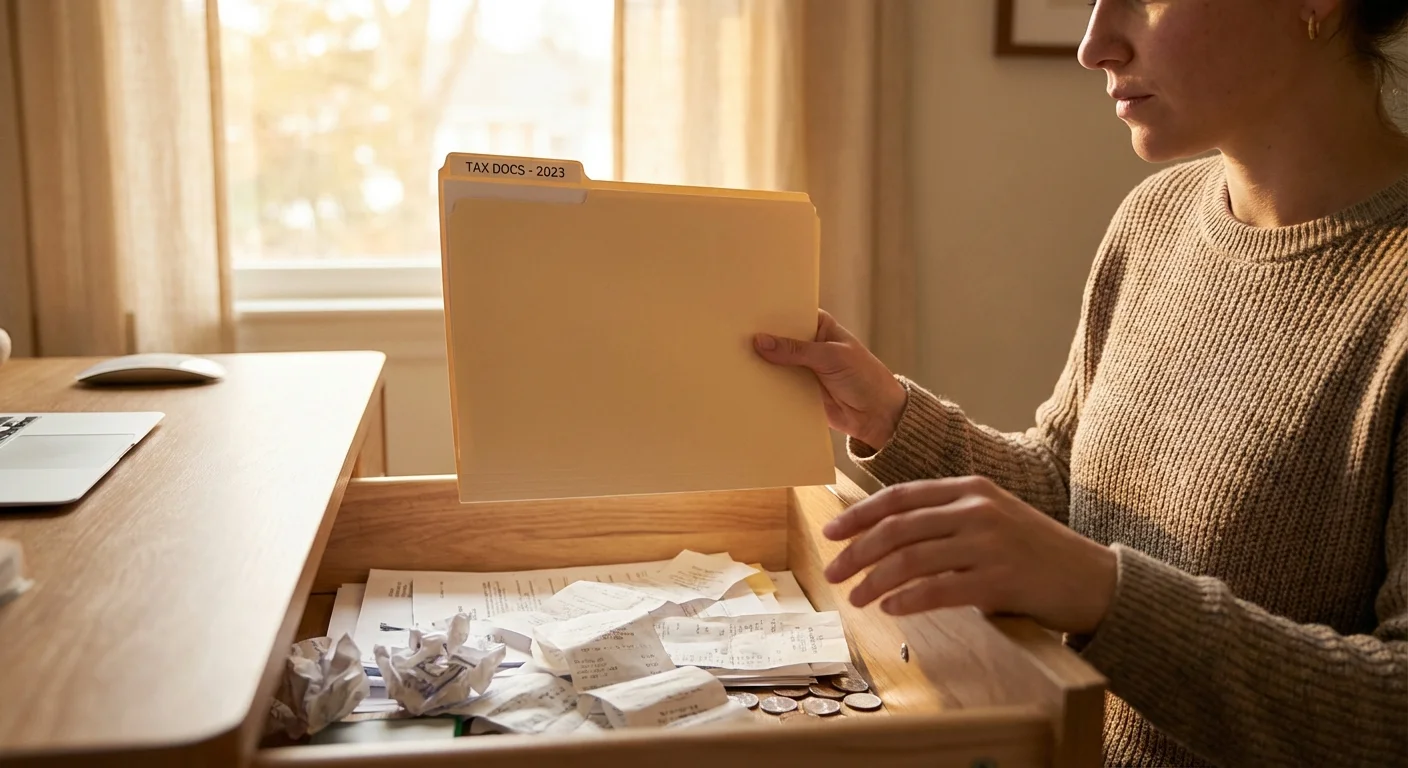 A person organizing receipts into a single folder.