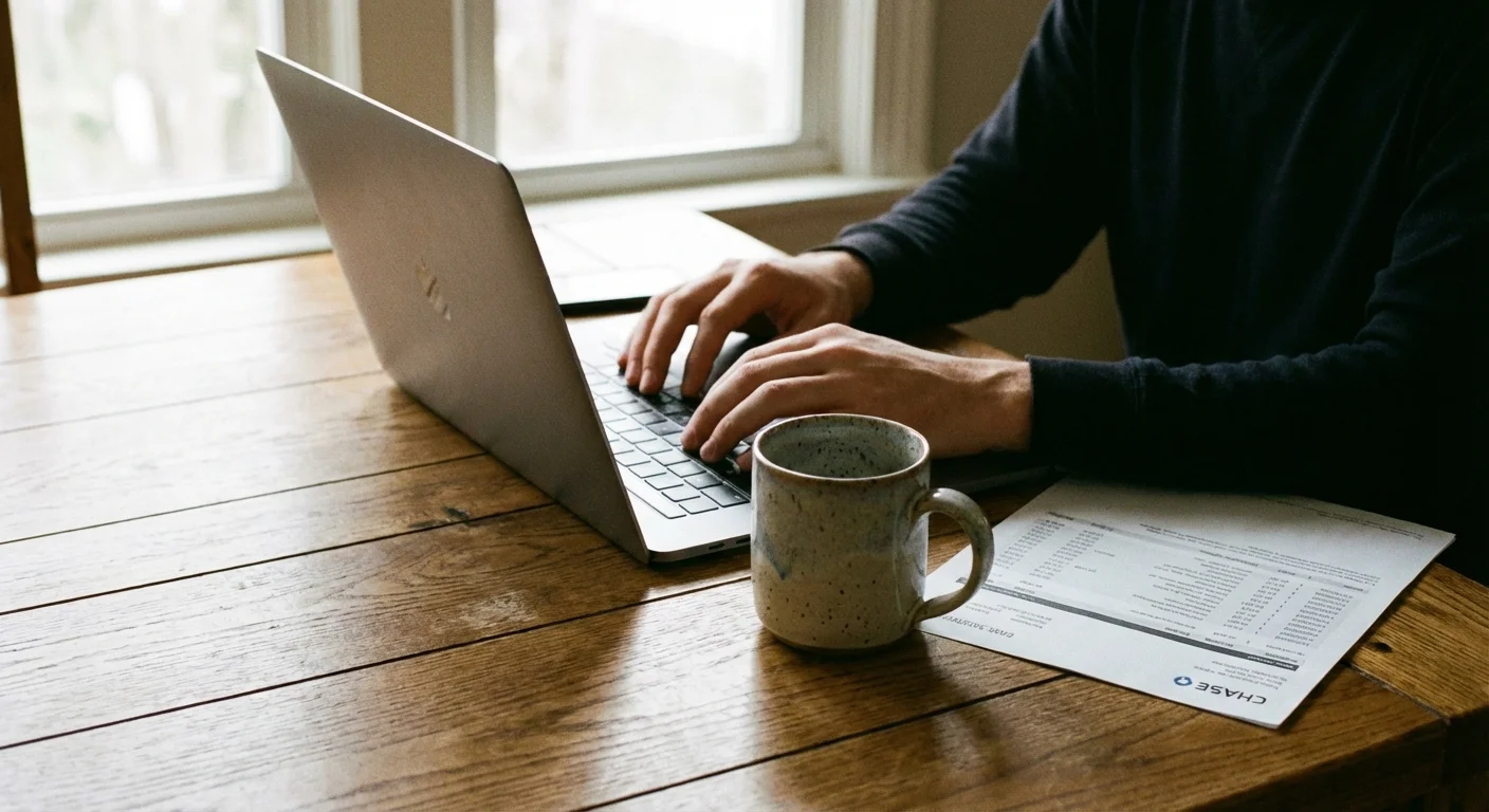 A person peacefully writing in a budget planner with a cup of coffee on a sunny desk.
