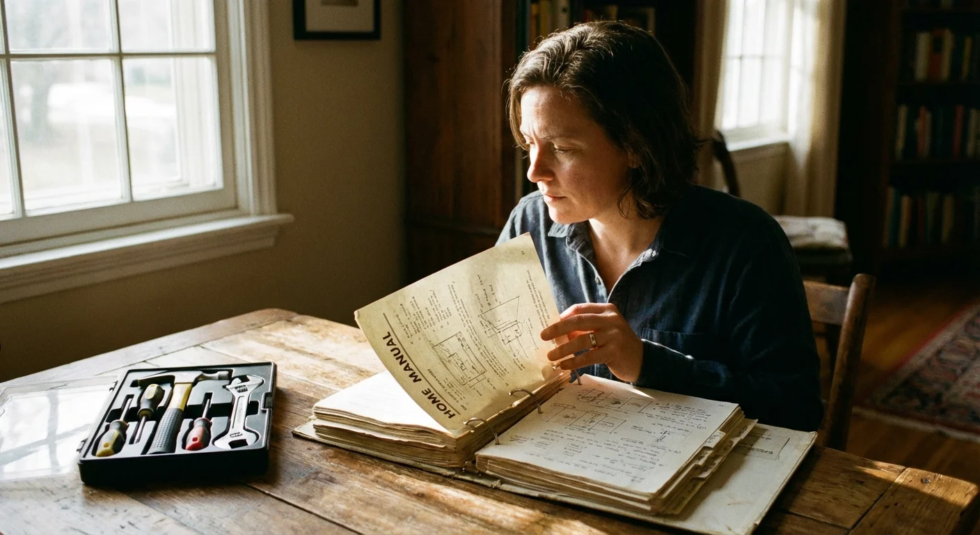 A person reading a house manual with a toolkit nearby.