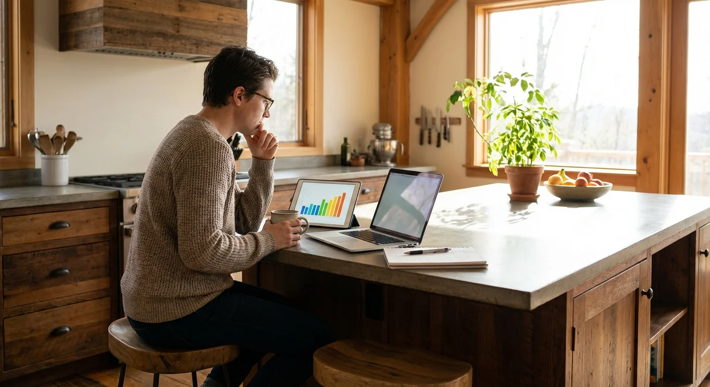 A person reviewing financial charts on a tablet in a modern kitchen setting.