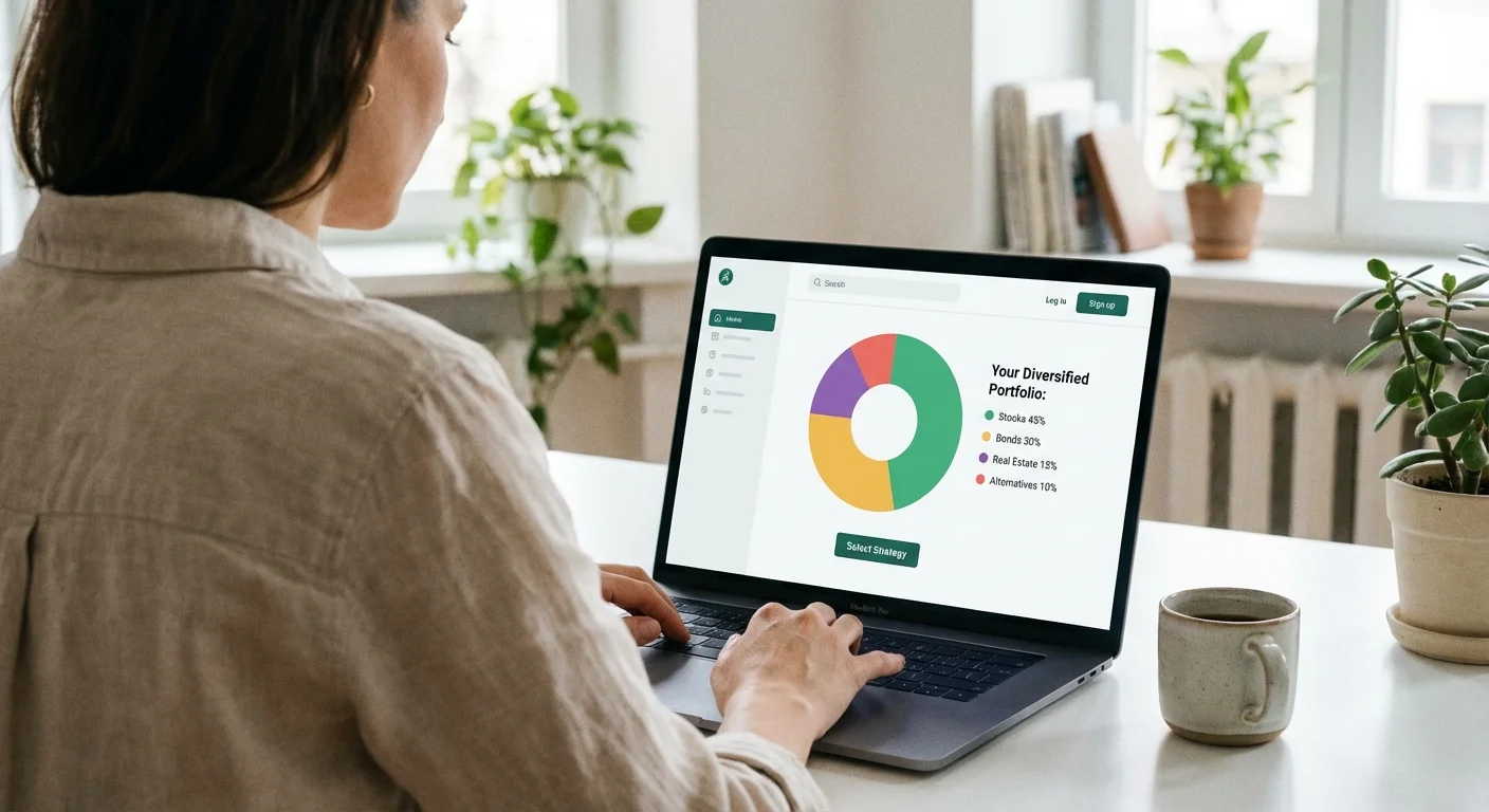 A person selecting investment options on a laptop, showing a diversified portfolio chart.