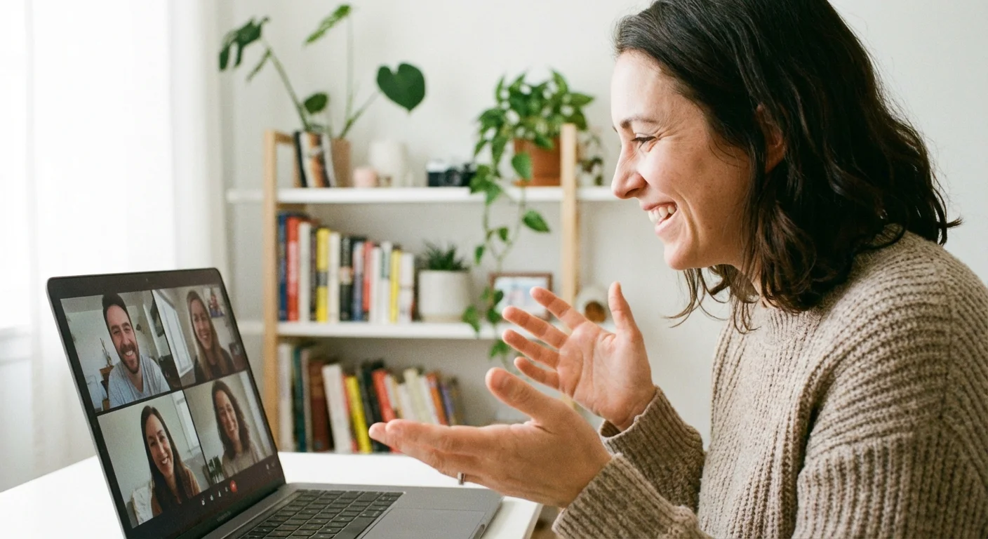 A person smiling and gesturing during a professional video call.