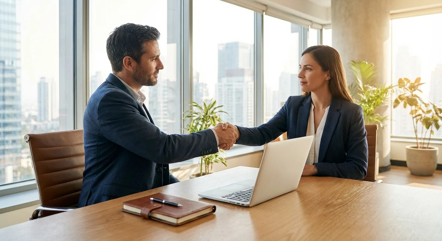 A person smiling while looking at their phone in a bright living room.