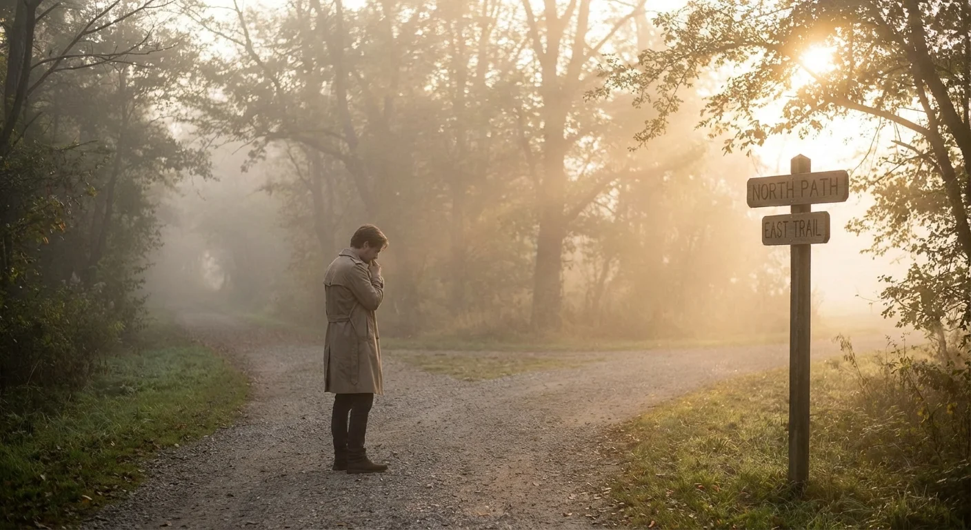 A person standing at a path junction in a misty, beautiful park.