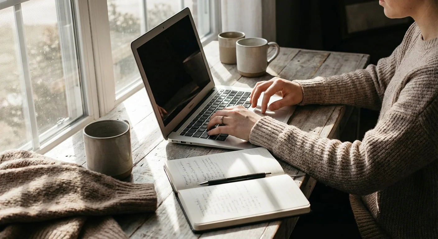 A person working at a laptop on a clean, wooden desk in soft daylight.