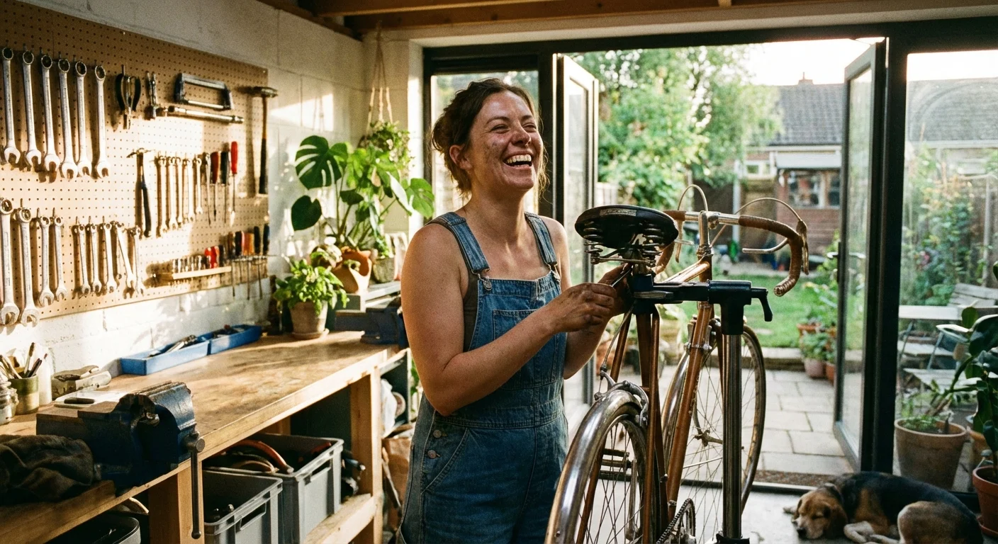 A person working on their bicycle in a sunlit space, representing low-cost lifestyle design.