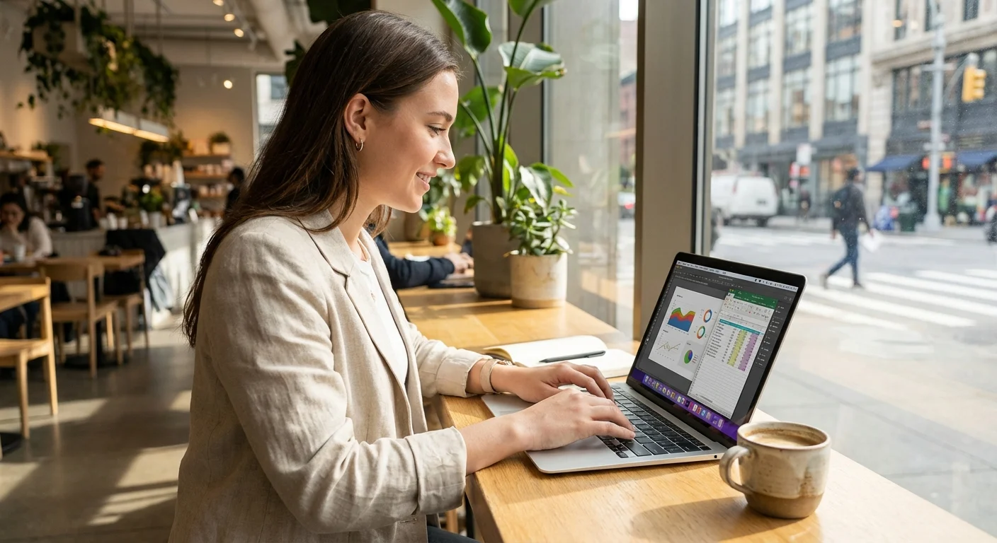 A person working productively on their laptop in a modern cafe.