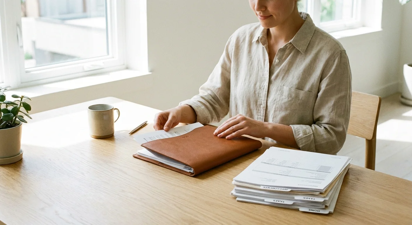 A person writing in a linen-bound journal at a wooden table with tea and a plant.