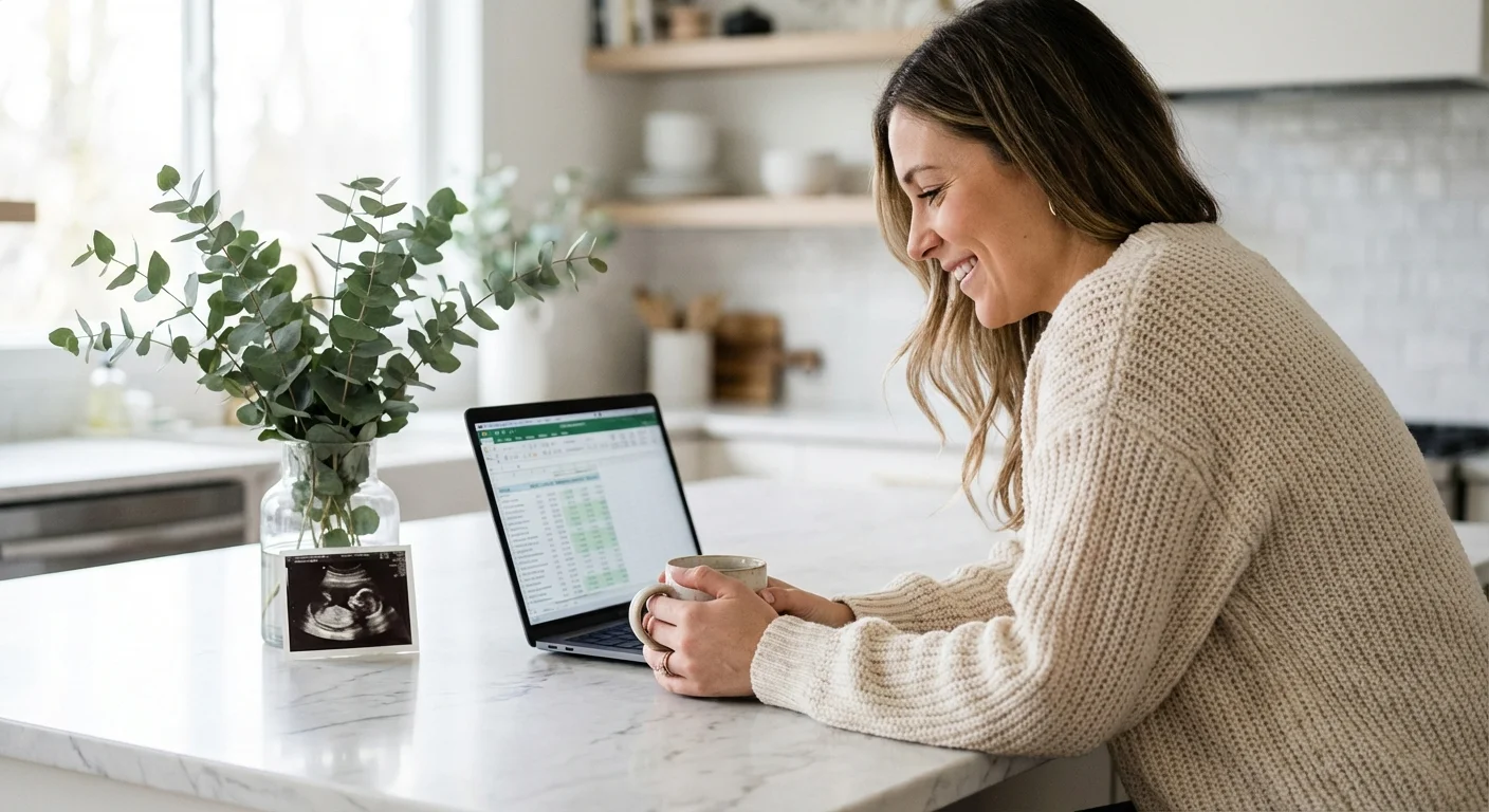 A pregnant woman reviews a financial spreadsheet on her laptop in a bright, modern kitchen.
