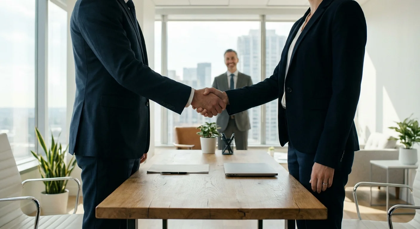 A professional handshake in a bright, modern financial office.