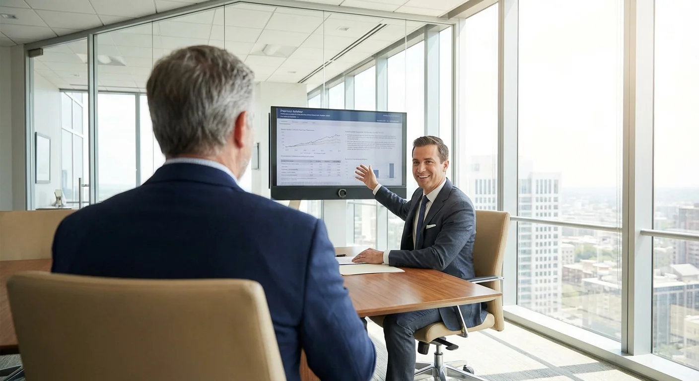 A professional meeting between a financial advisor and a client in a bright office.