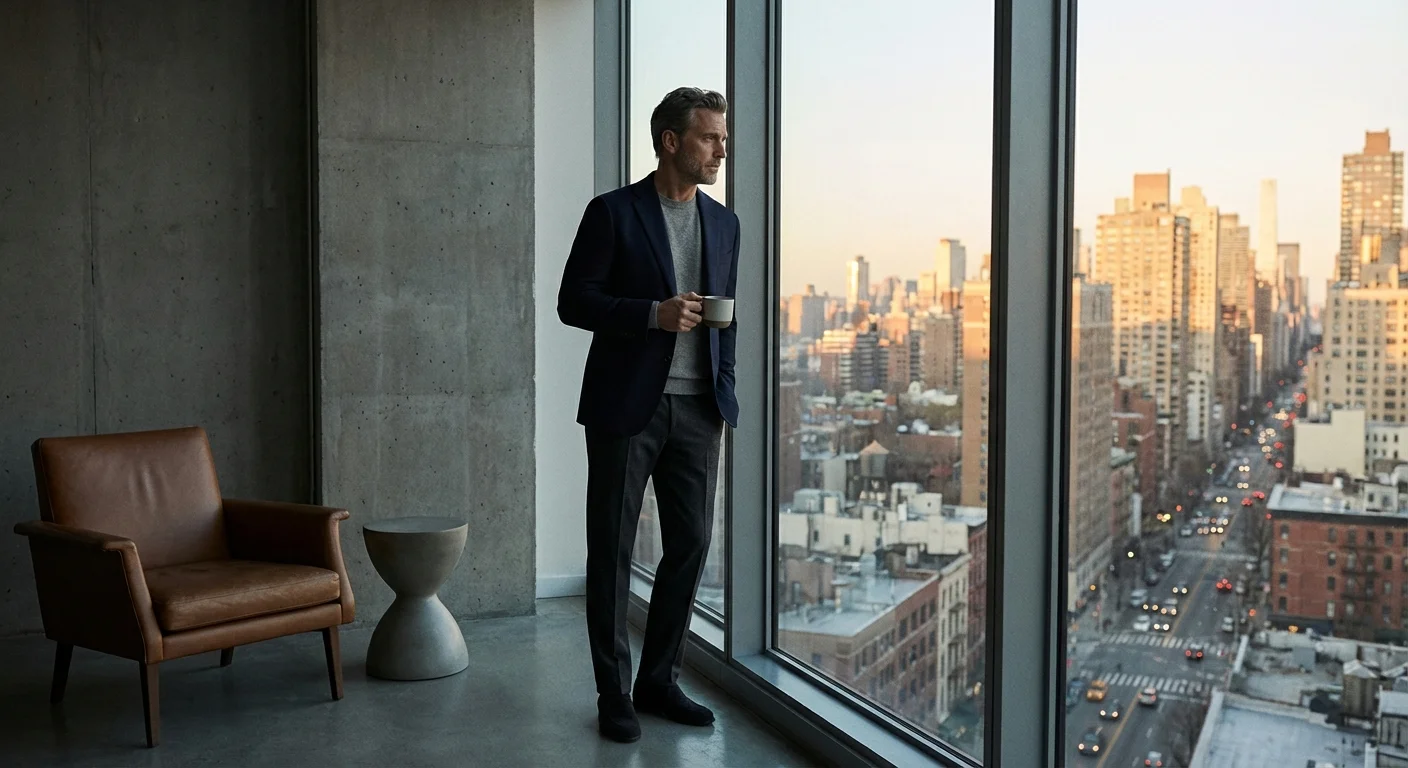 A professional person in a sleek glass office lobby looking at their phone.