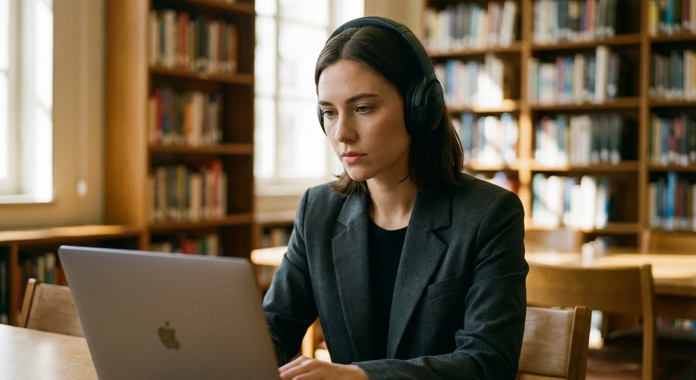 A professional studying with a laptop and headphones in a library.