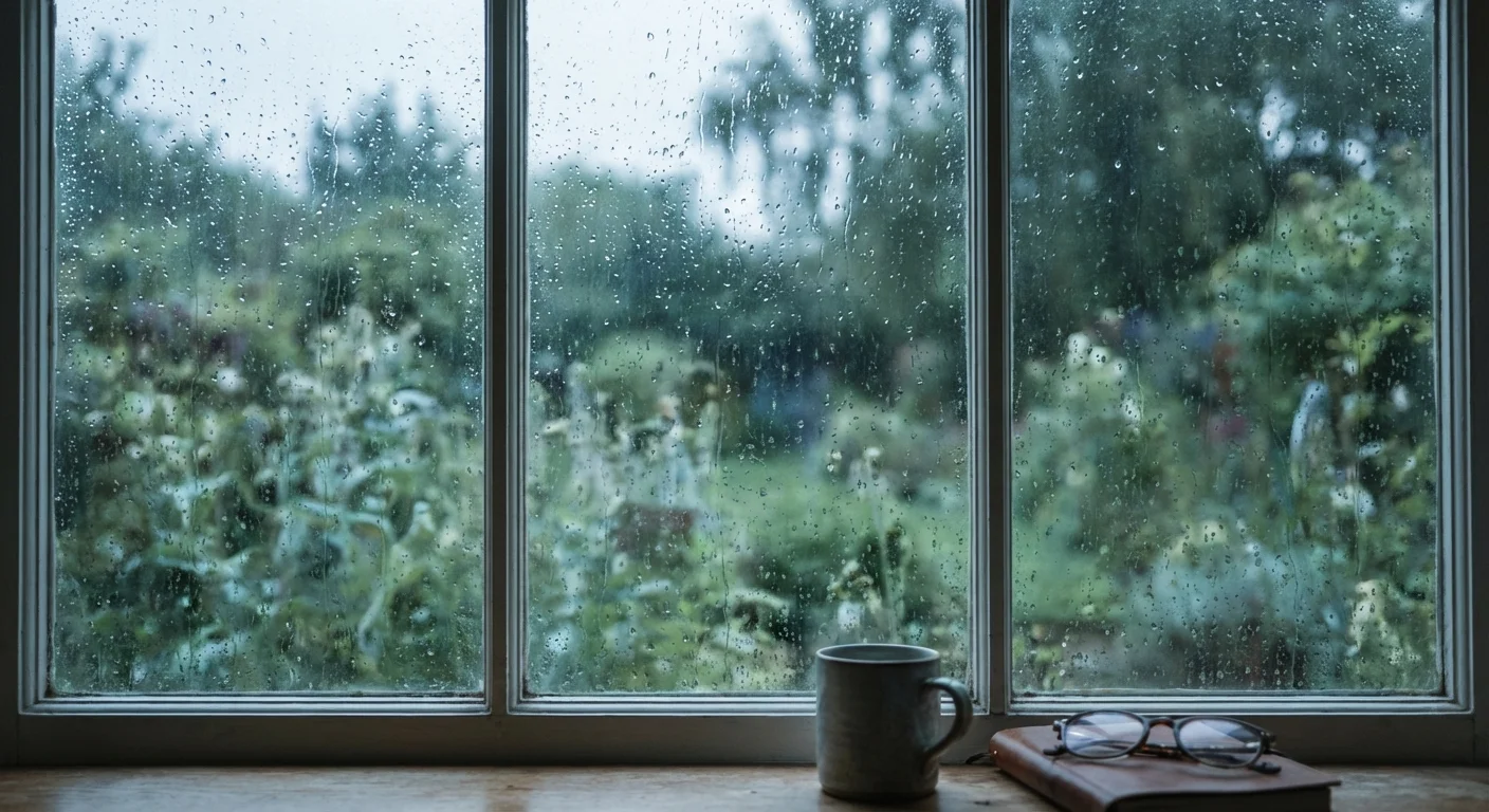 A rainy window view looking out at a garden, representing the need for risk management and planning.