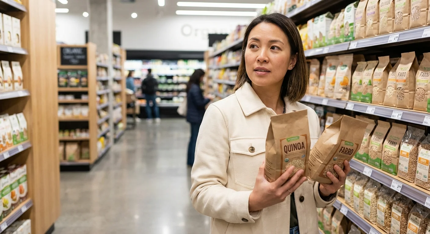 A shopper comparing prices of grocery items in a bright supermarket aisle.