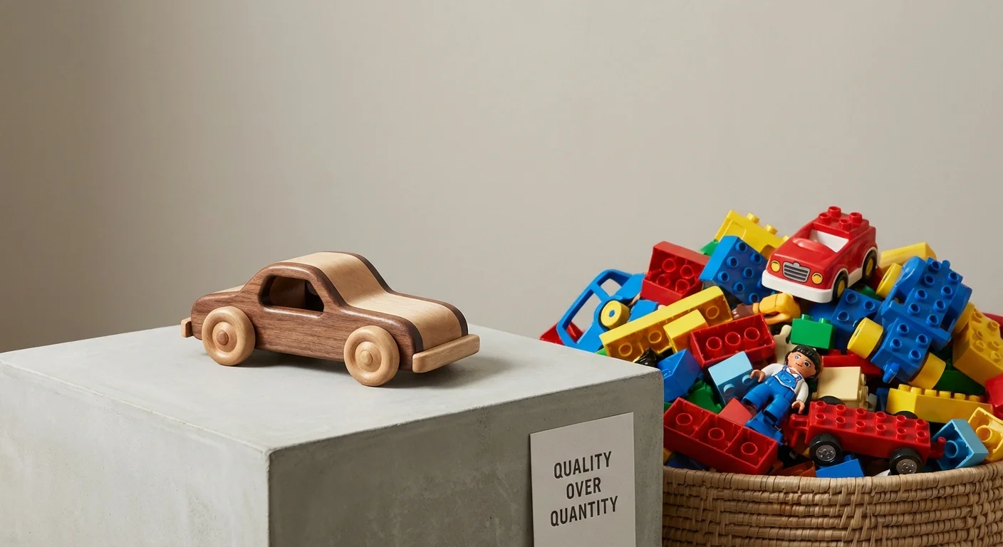 A single wooden toy stands apart from a pile of cluttered plastic toys, representing smart spending.