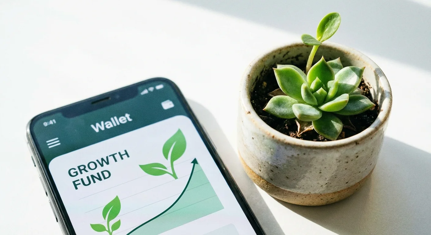 A smartphone next to a small growing plant, symbolizing digital wealth building.