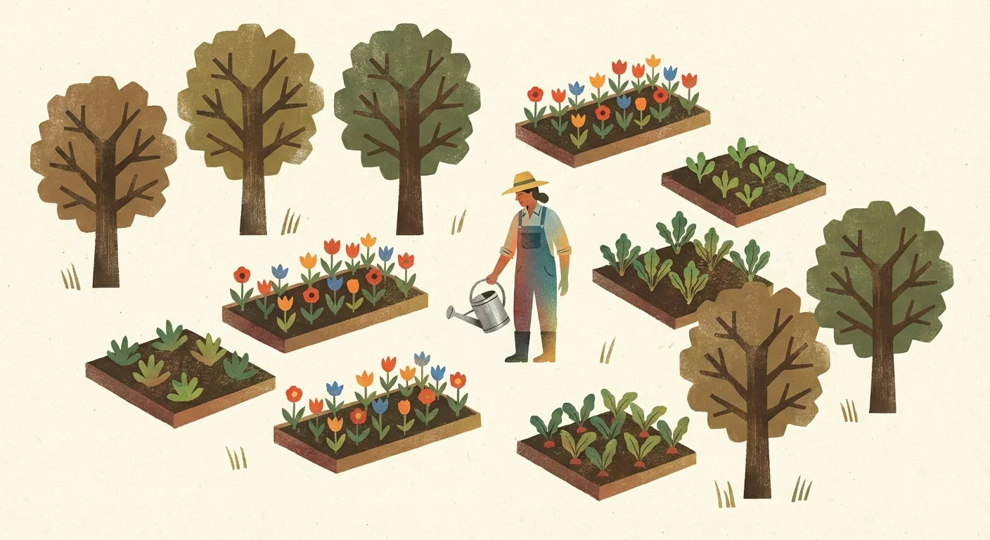 A stylized garden with trees and flowers representing different investment types.