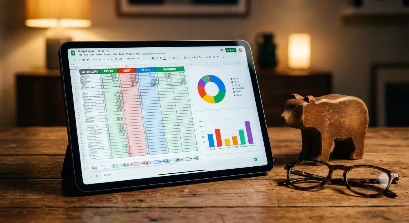 A tablet with a budget app next to family items on a wooden table.