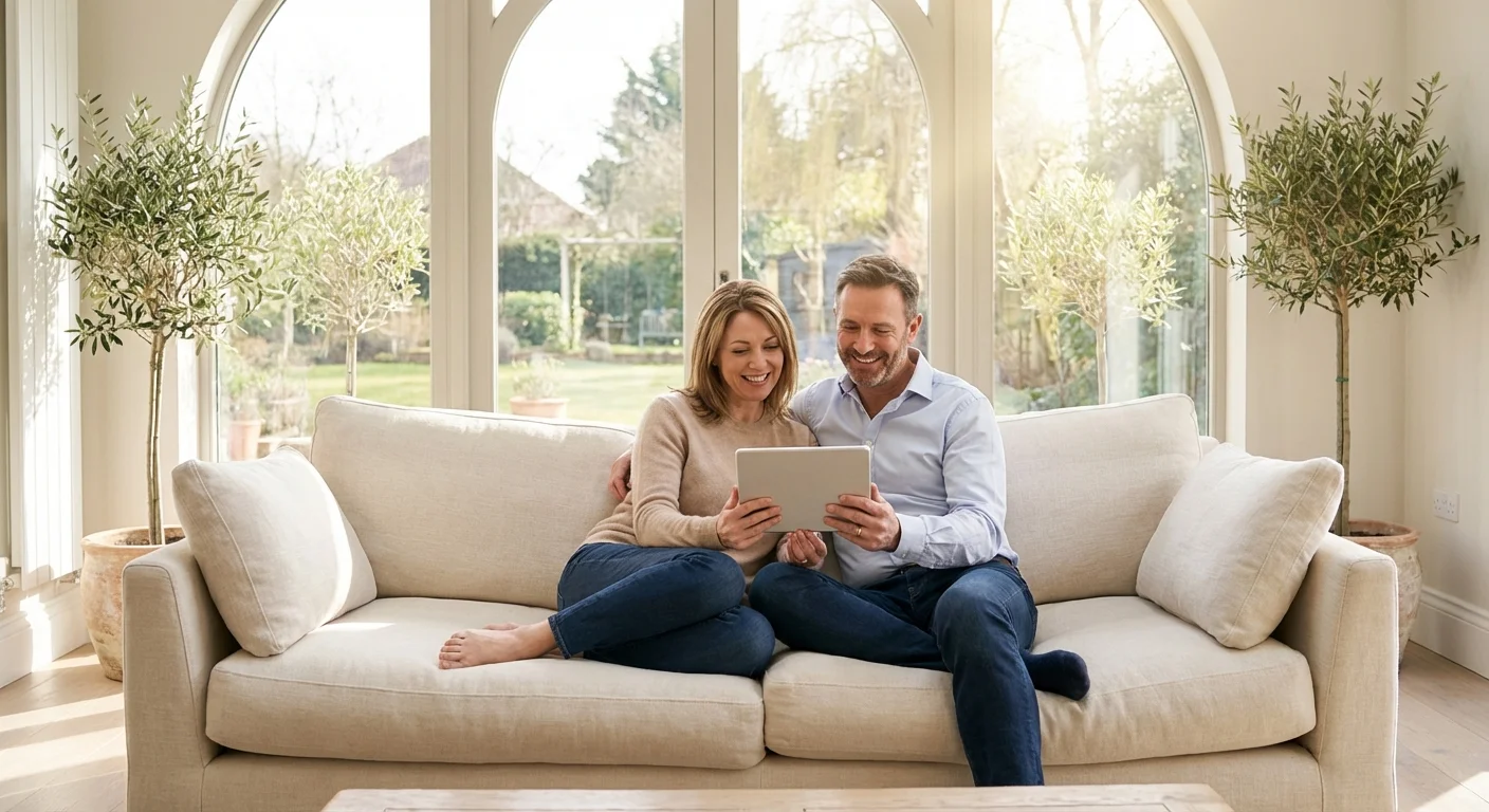 A thoughtful person looking away from a financial statement on a sofa.