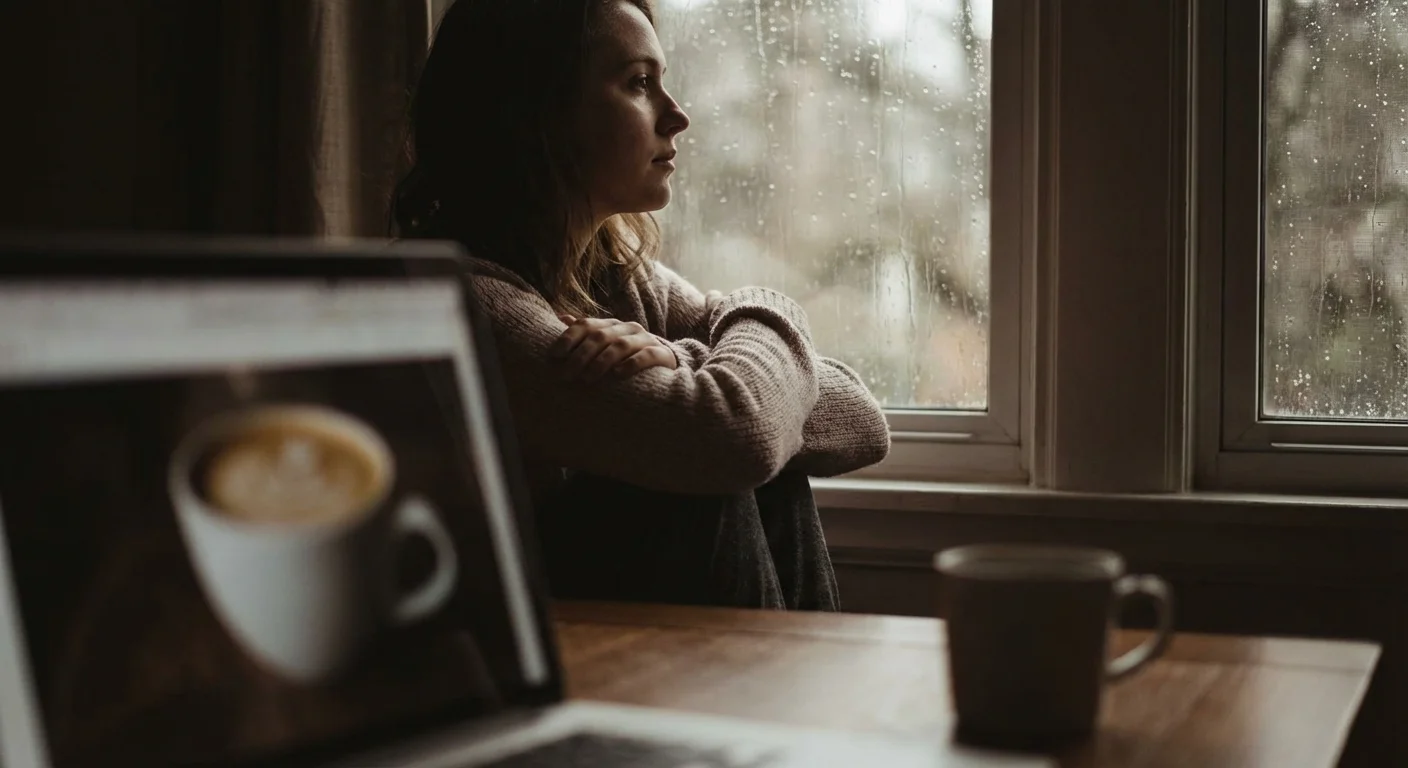 A thoughtful person looking out a window, away from their laptop.