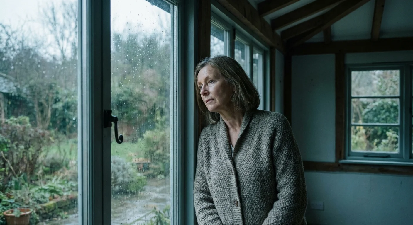 A thoughtful woman looking out a window at a garden.