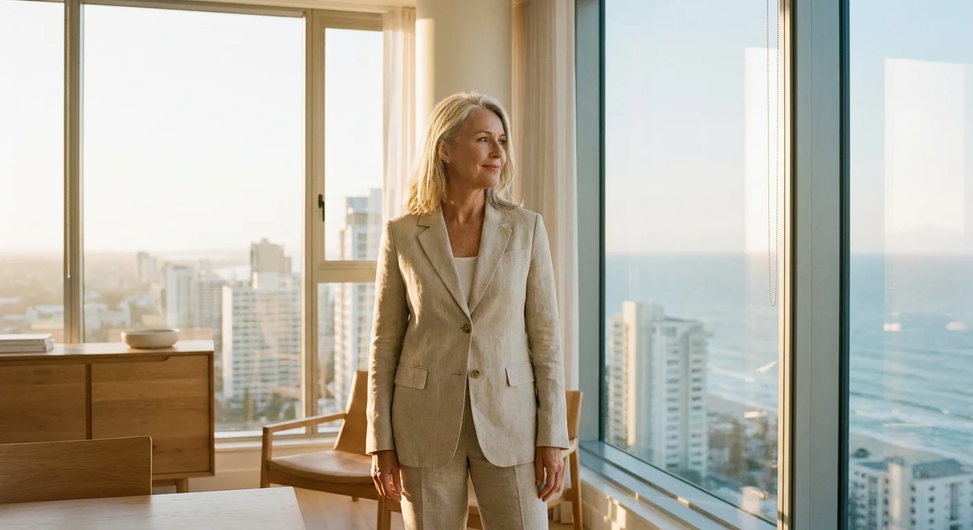 A thoughtful woman standing by a window in a bright, modern office.