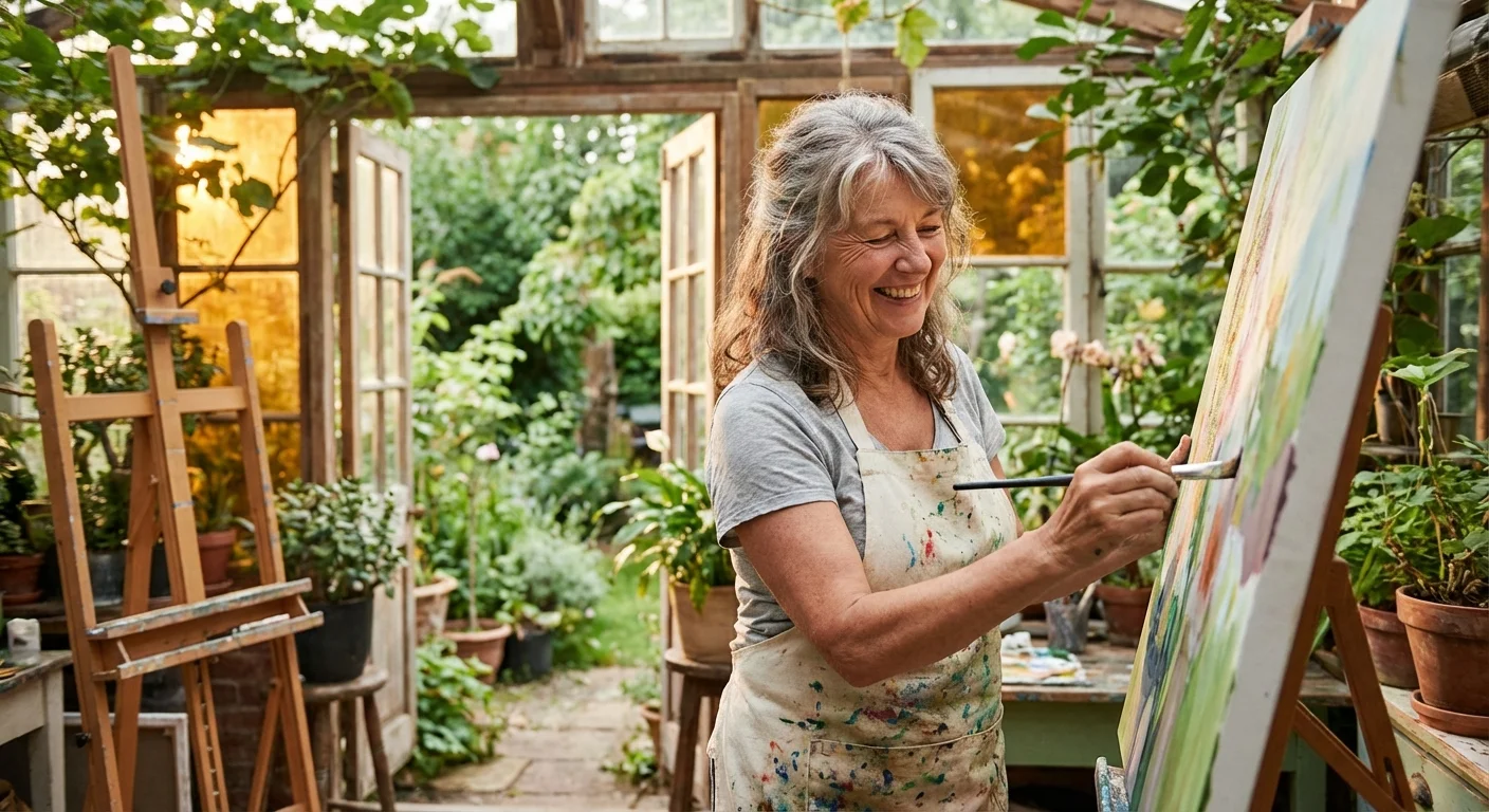 A woman in her early 60s painting in a sunlit garden studio.