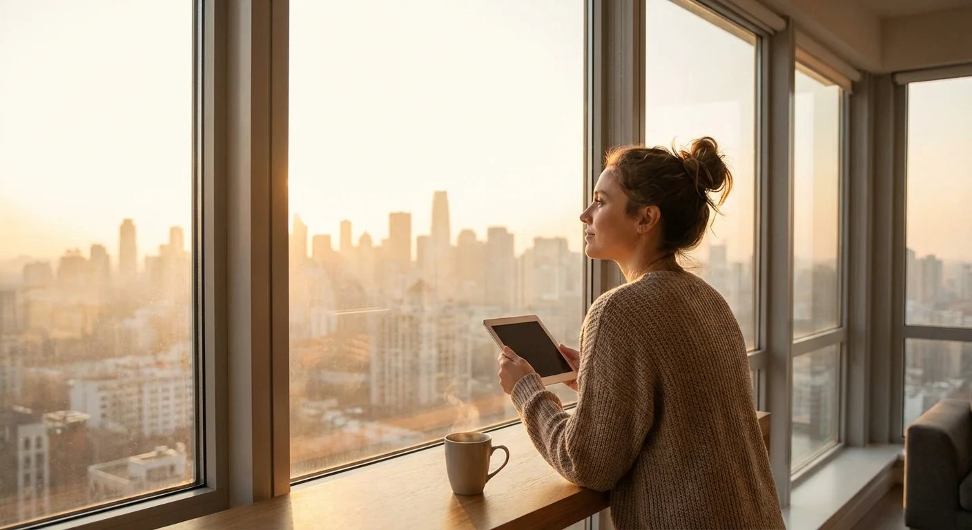A woman looking at a city view while holding a tablet, representing long-term financial goals.