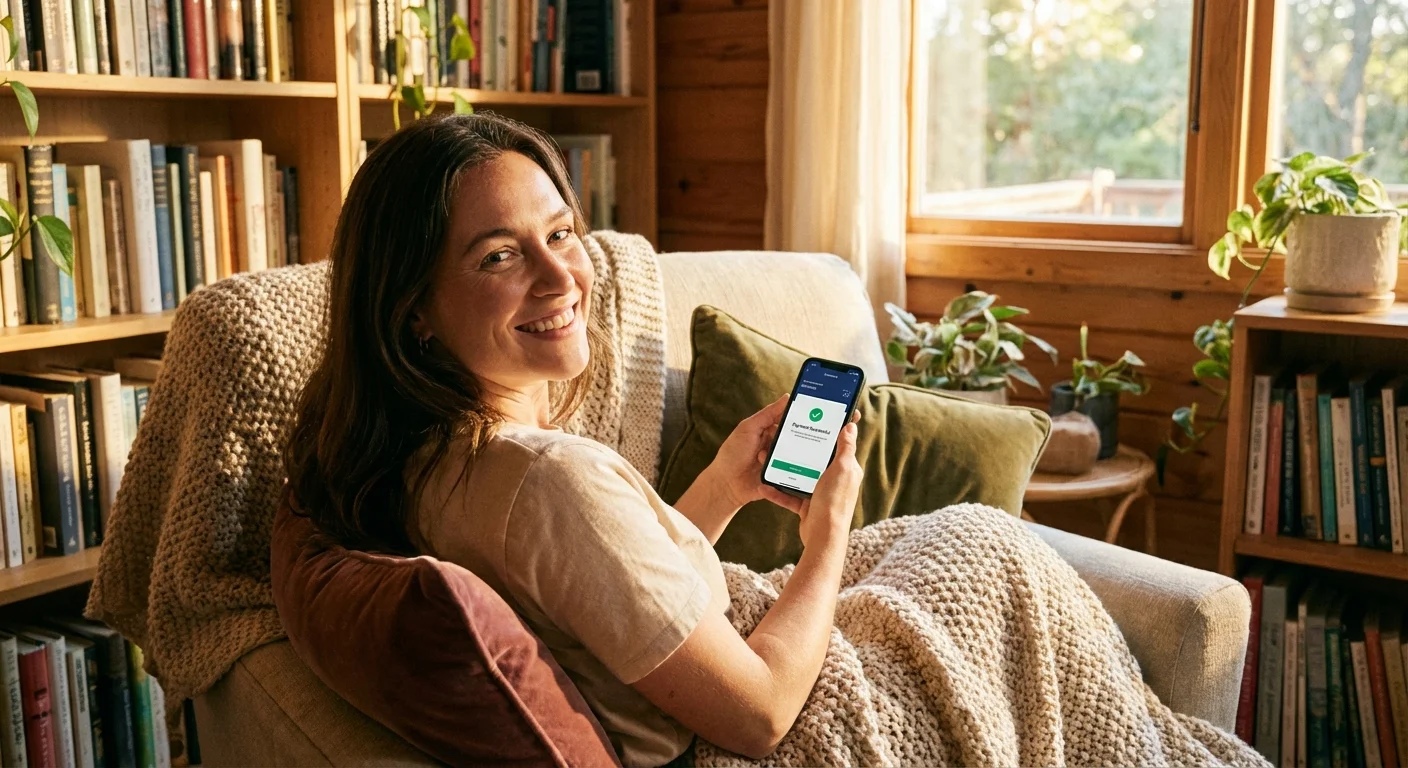 A woman looking at her smartphone with a relieved expression in a sunlit room.