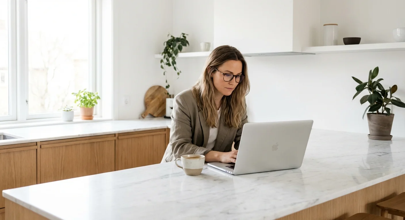 A woman looking focused while working on her laptop in a bright kitchen.
