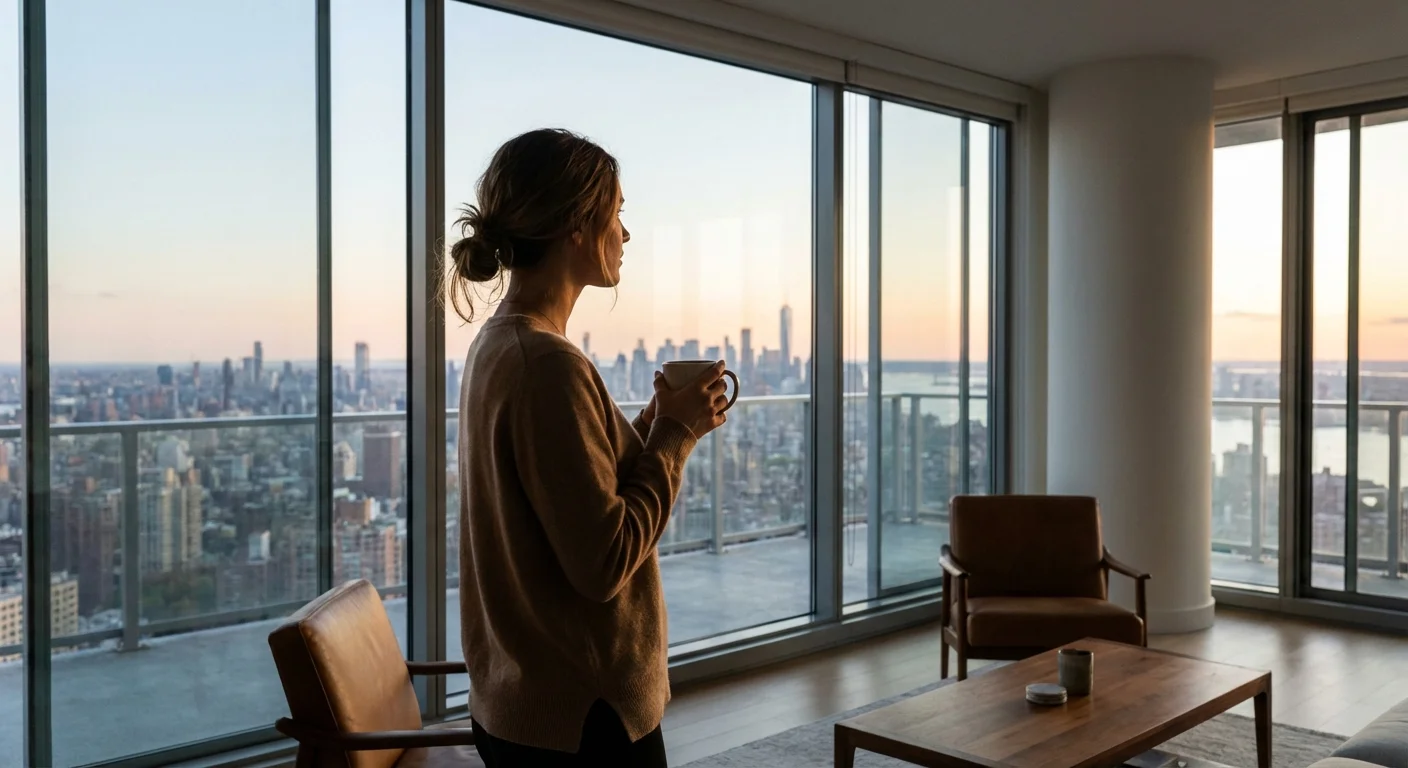 A woman looking out a large window at a city skyline from a modern apartment.
