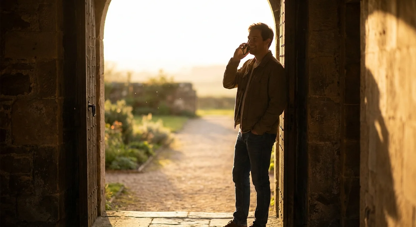 A woman looking thoughtfully at a large red sale sign in a store window.