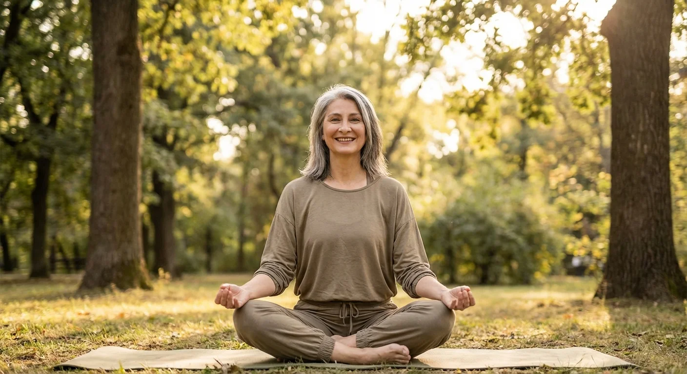 A woman practicing yoga in a peaceful, sunlit park.
