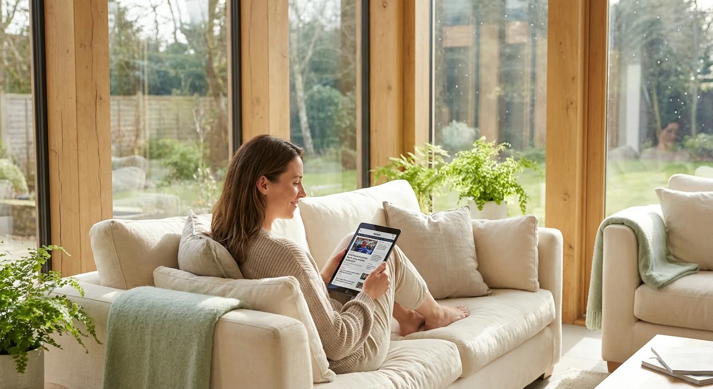A woman reviewing financial information on a tablet in a bright, peaceful living room.