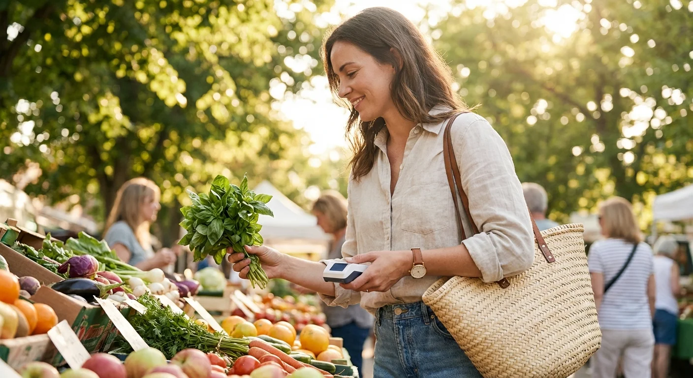 A woman shopping for fresh vegetables at an outdoor market.