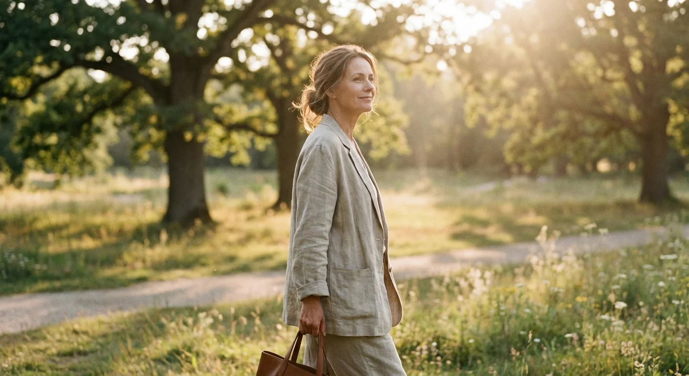 A woman walking peacefully in a sun-drenched park.