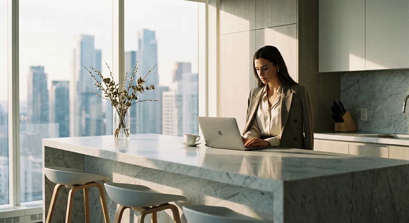 A woman working on her laptop in a bright kitchen with a city view.