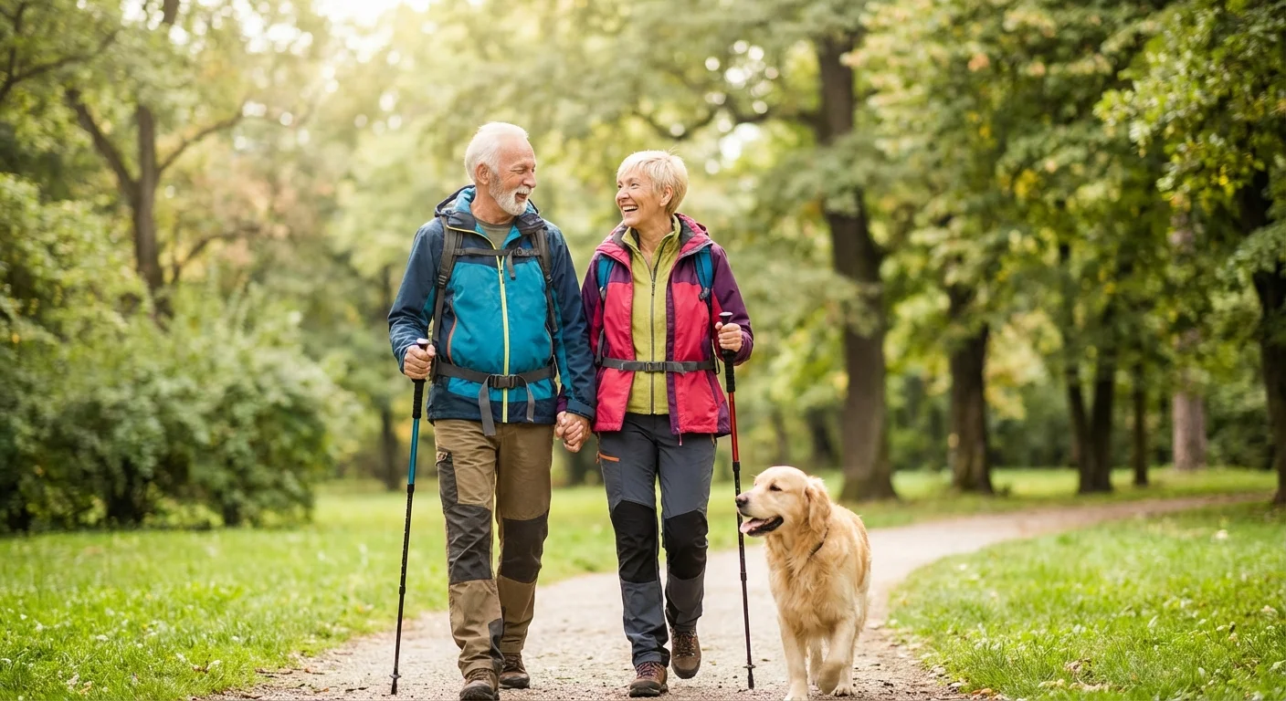 An active senior couple walking in a park, enjoying a healthy and secure retirement.