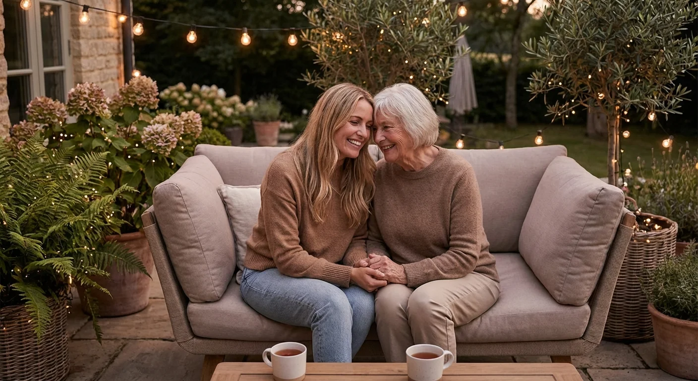 An adult daughter and elderly mother talking warmly on an outdoor patio.