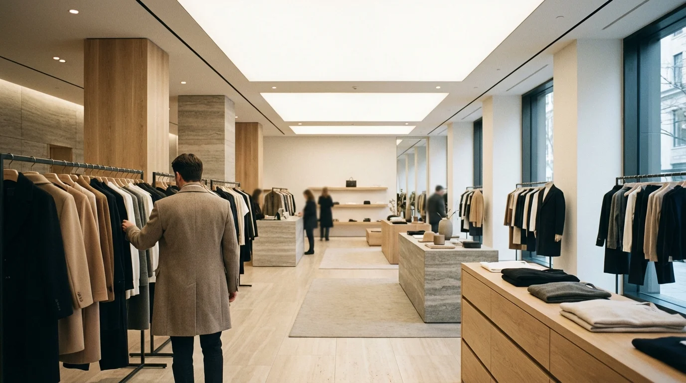 An anonymous shopper browsing a modern, high-end clothing boutique.