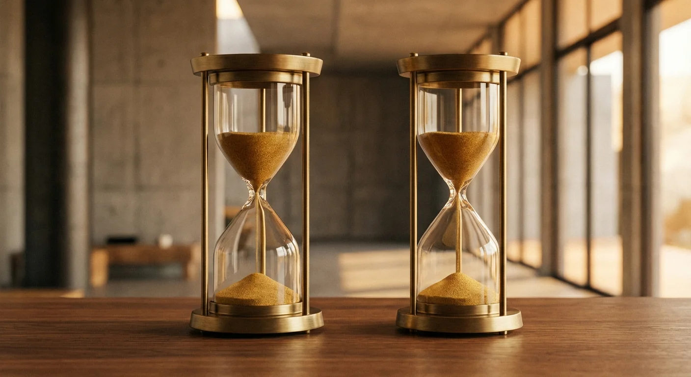 An elegant hourglass with golden sand on a wooden desk.