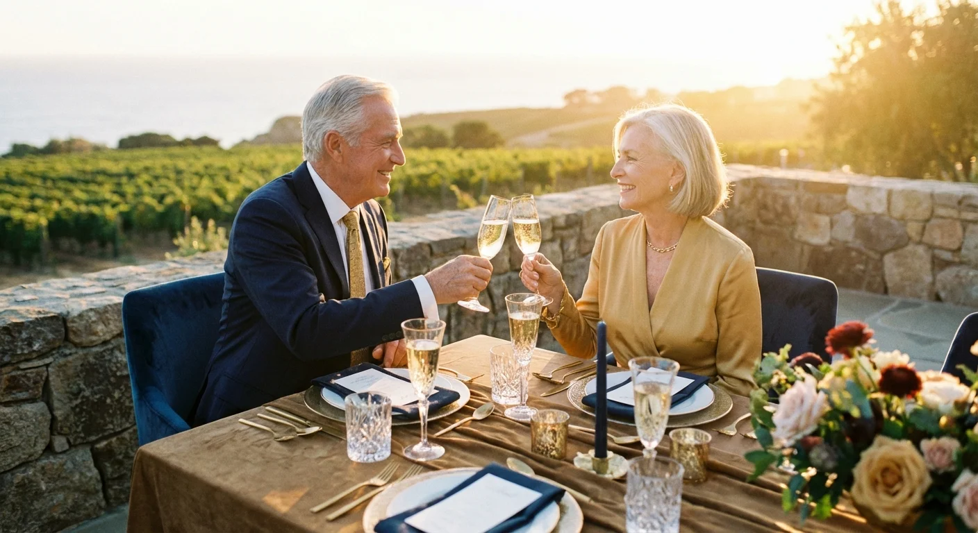 An older couple enjoying an elegant dinner outdoors at sunset.