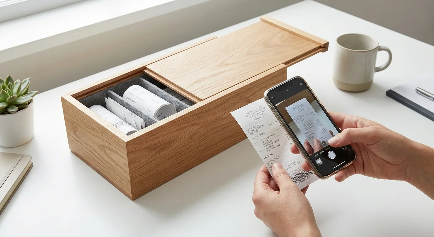 An organized box of receipts on a desk, representing the HSA shoebox strategy.