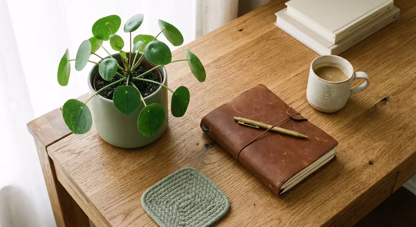 An organized desk with a notebook, plant, and coffee mug.