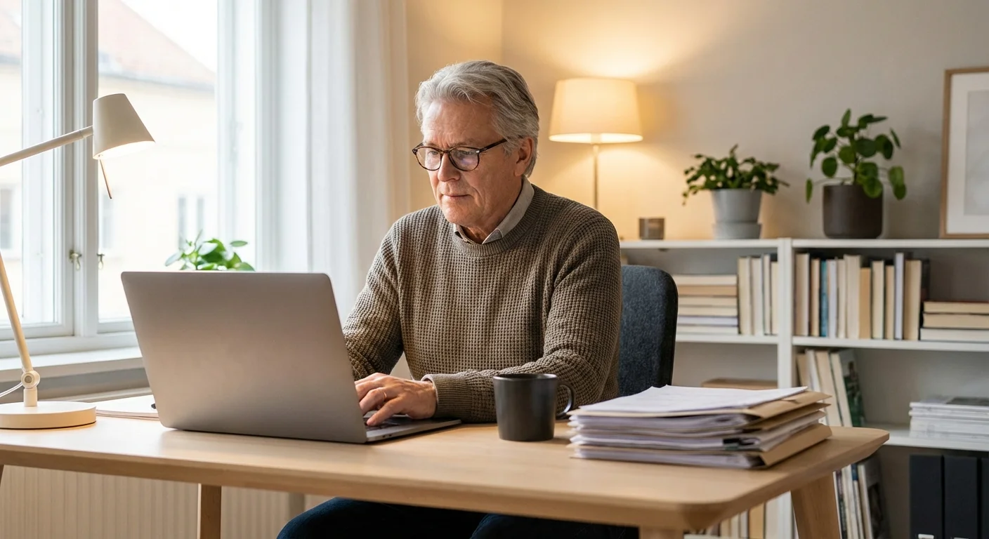 An organized home office desk with a laptop and financial documents.